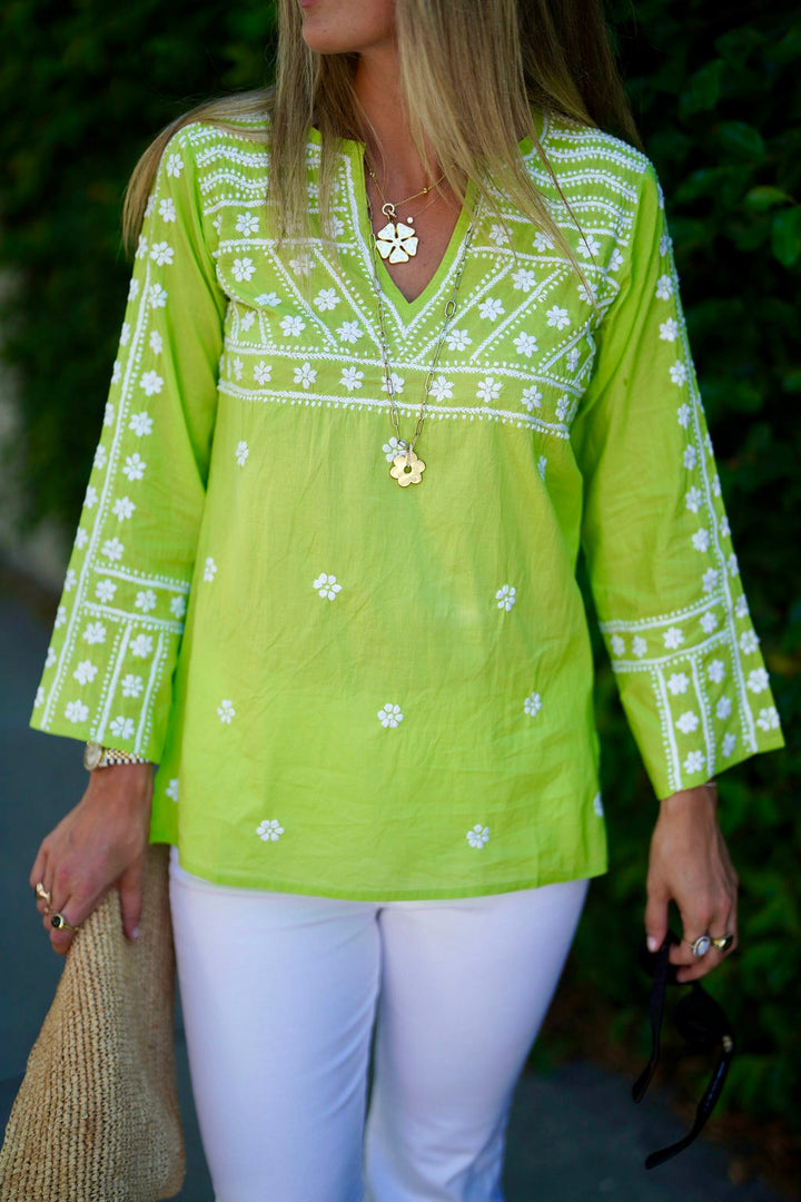 Molly Shirt Hand Embroidered Key Lime with White