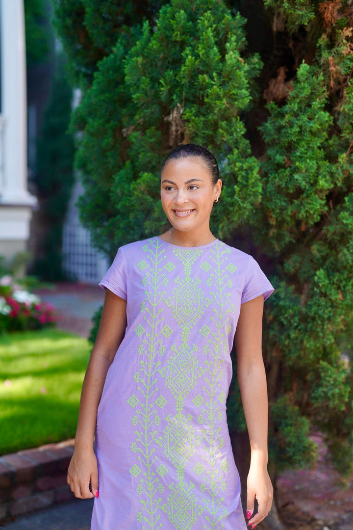 Anne Maxi Dress Lilac with Lime Bohemian Cross-Stich Embroidery