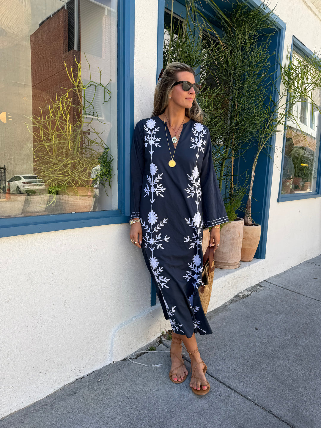 Molly Maxi Dress Navy with White Vertical Embroidery