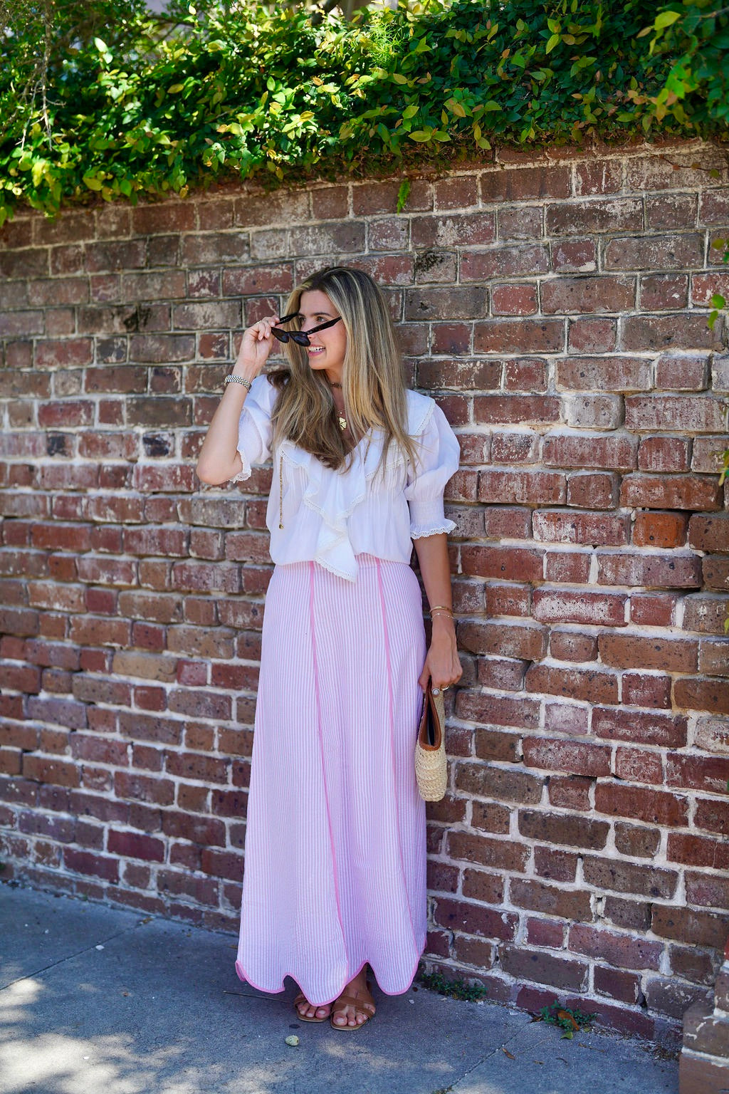 Hanley Super Maxi Skirt Pink Seersucker with Pink Piping