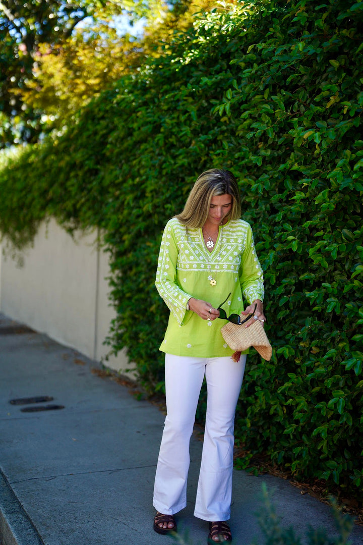 Molly Shirt Hand Embroidered Key Lime with White