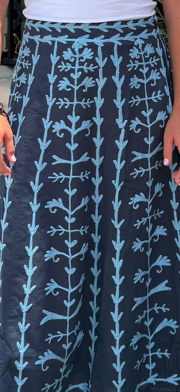 Hanley Midi Skirt Navy with Sky Blue Embroidery
