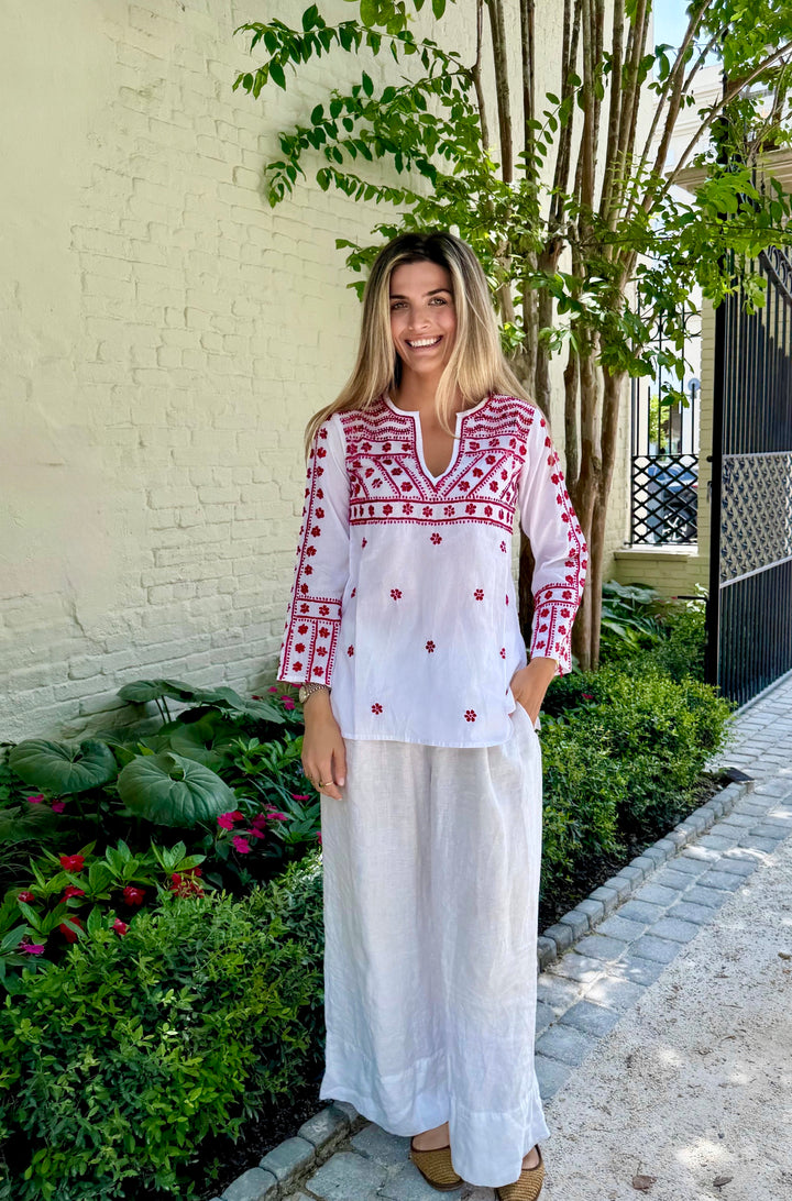 Molly Shirt Hand Embroidered White with Red