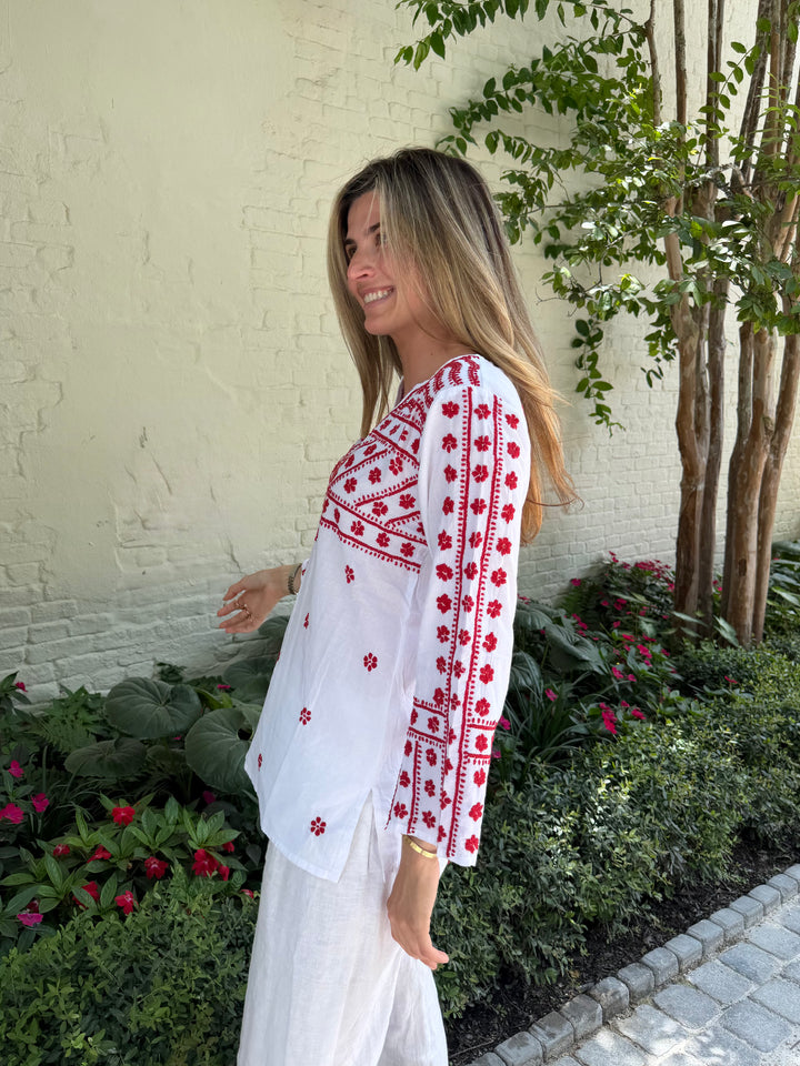 Molly Shirt Hand Embroidered White with Red