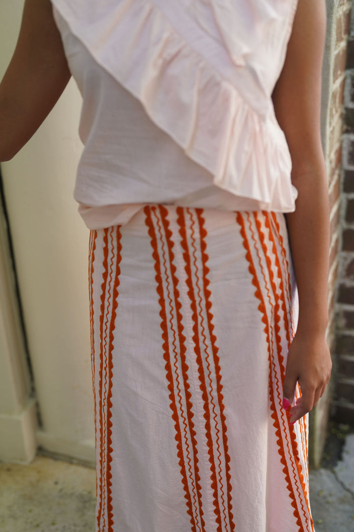 Hanley Midi Skirt Seashell Pink with Orange Scallop Embroidery