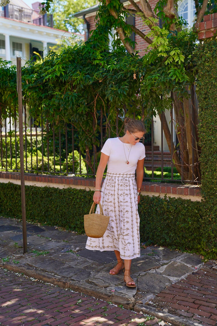 Hanley Midi Skirt White with Sage Embroidery
