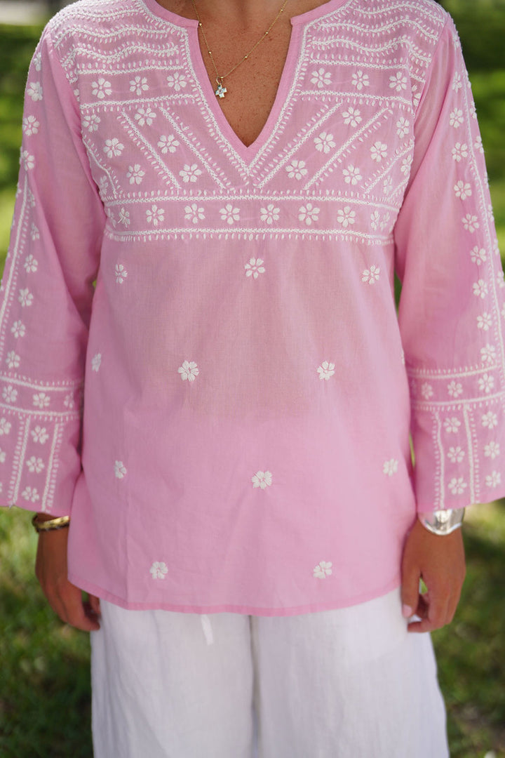 Molly Shirt Hand Embroidered Petal Pink with White