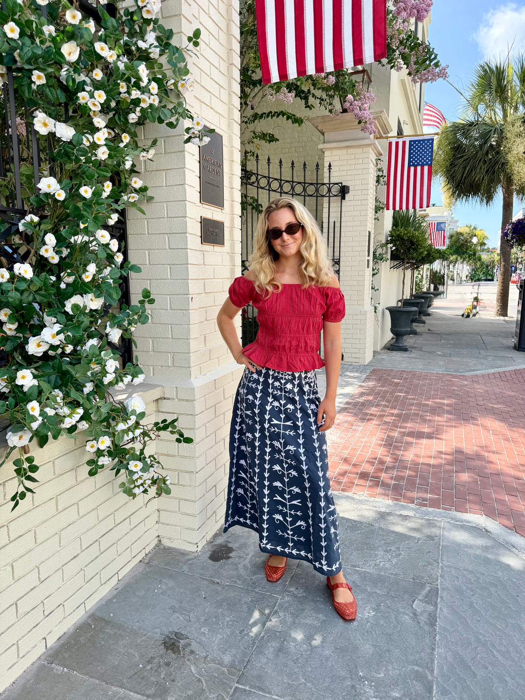 Hanley Midi Skirt Navy with White Embroidery