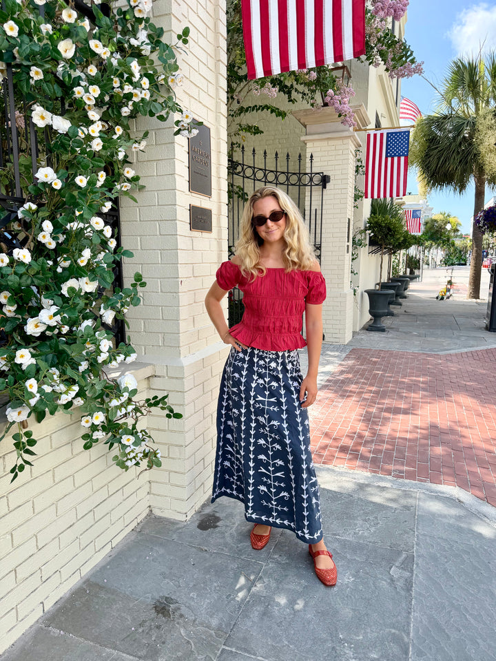 Hanley Midi Skirt Navy with White Embroidery