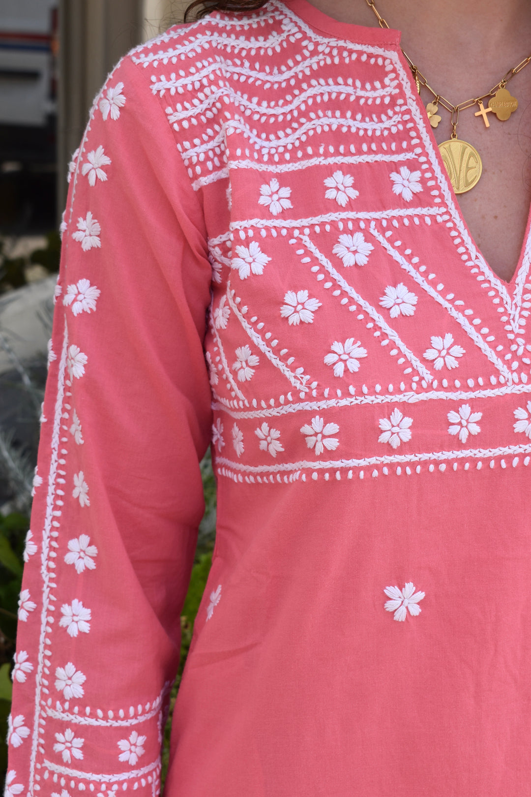 Molly Maxi Dress Hand Embroidered Coral/White