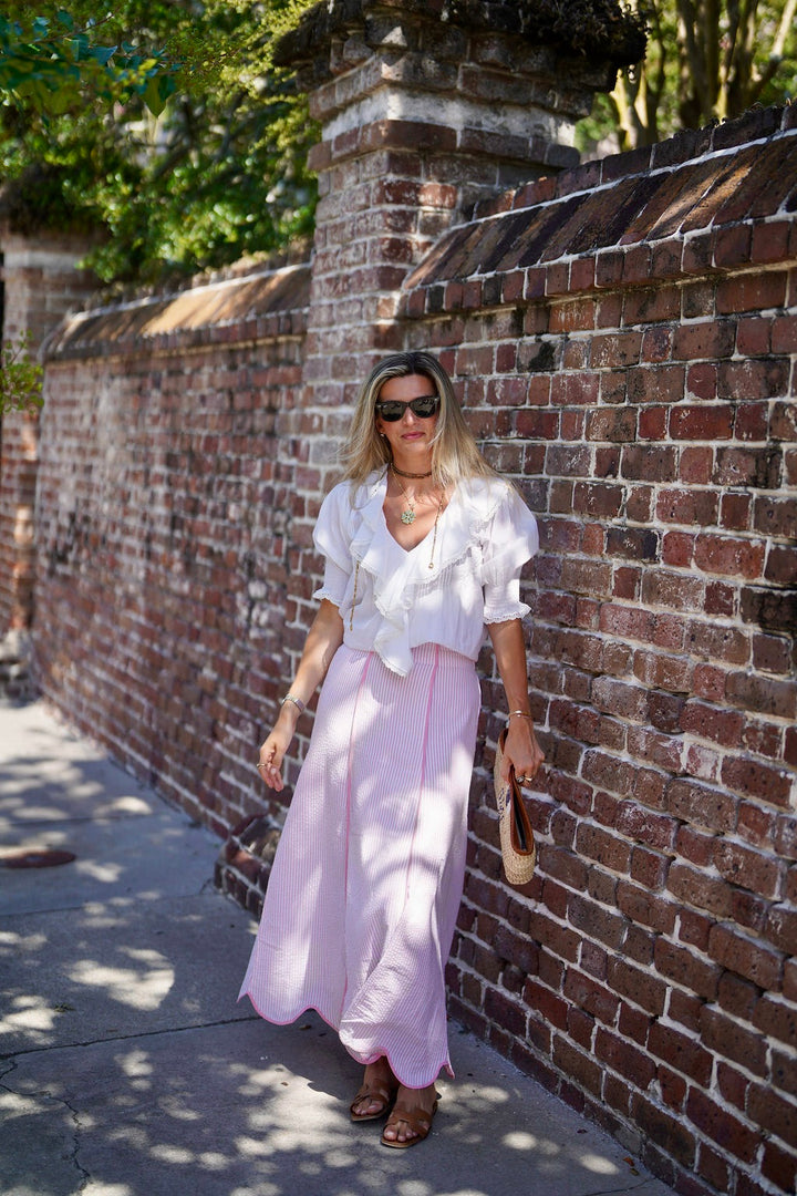 Hanley Super Maxi Skirt Pink Seersucker with Pink Piping