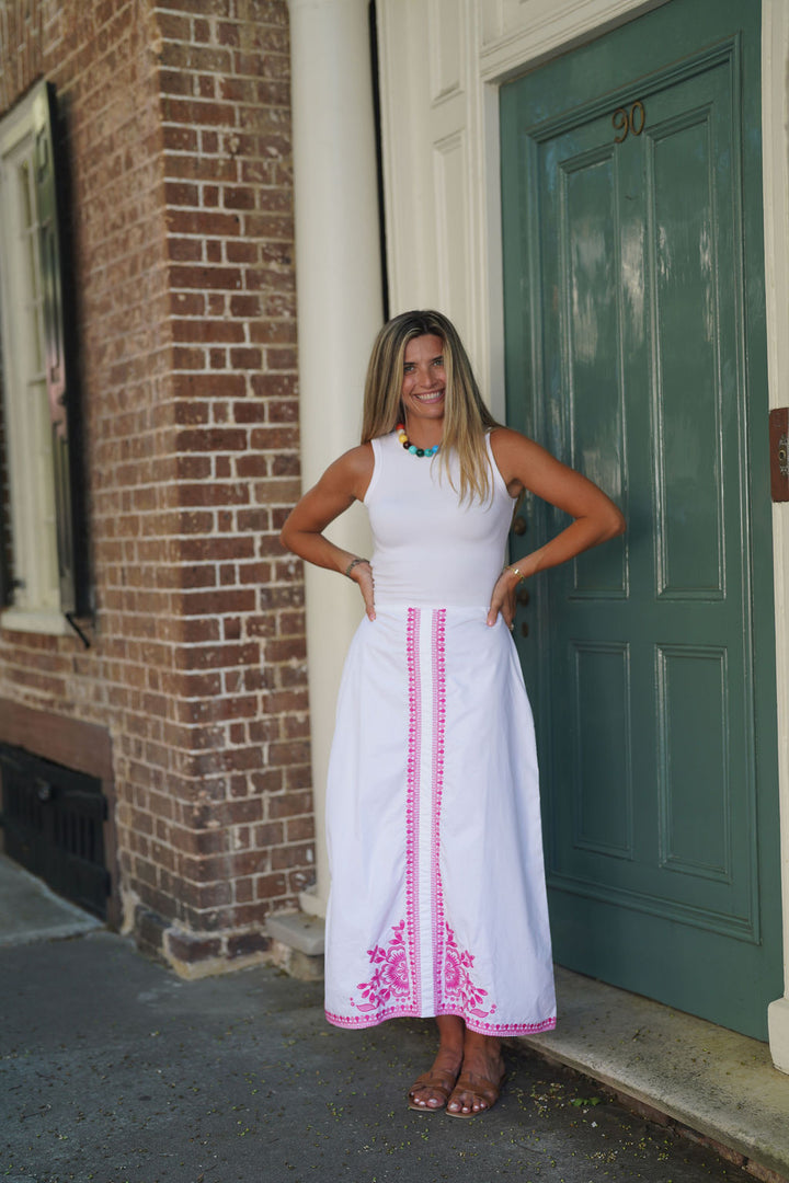 Louie Midi Skirt White with Pink Embroidery