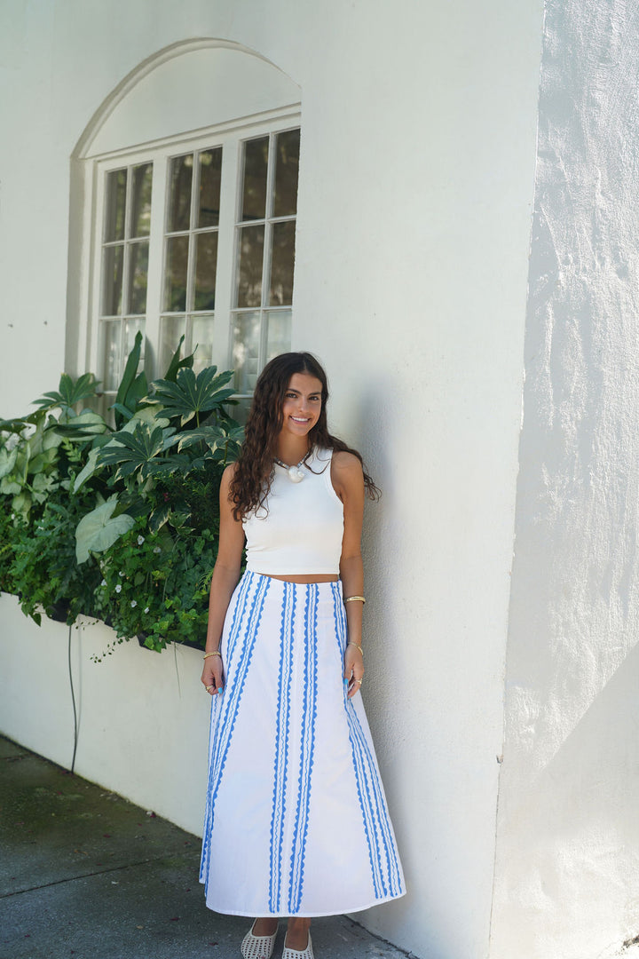 Hanley Midi Skirt Capri Blue Scallop Embroidery