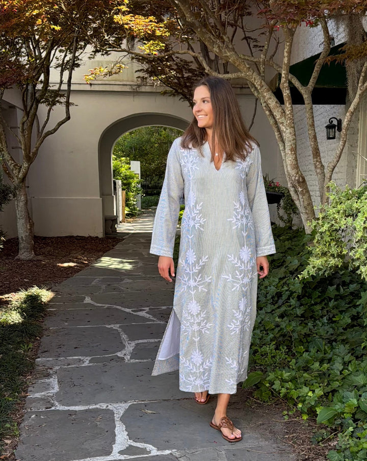 Molly Maxi Dress Gray Stripe Vertical Embroidery
