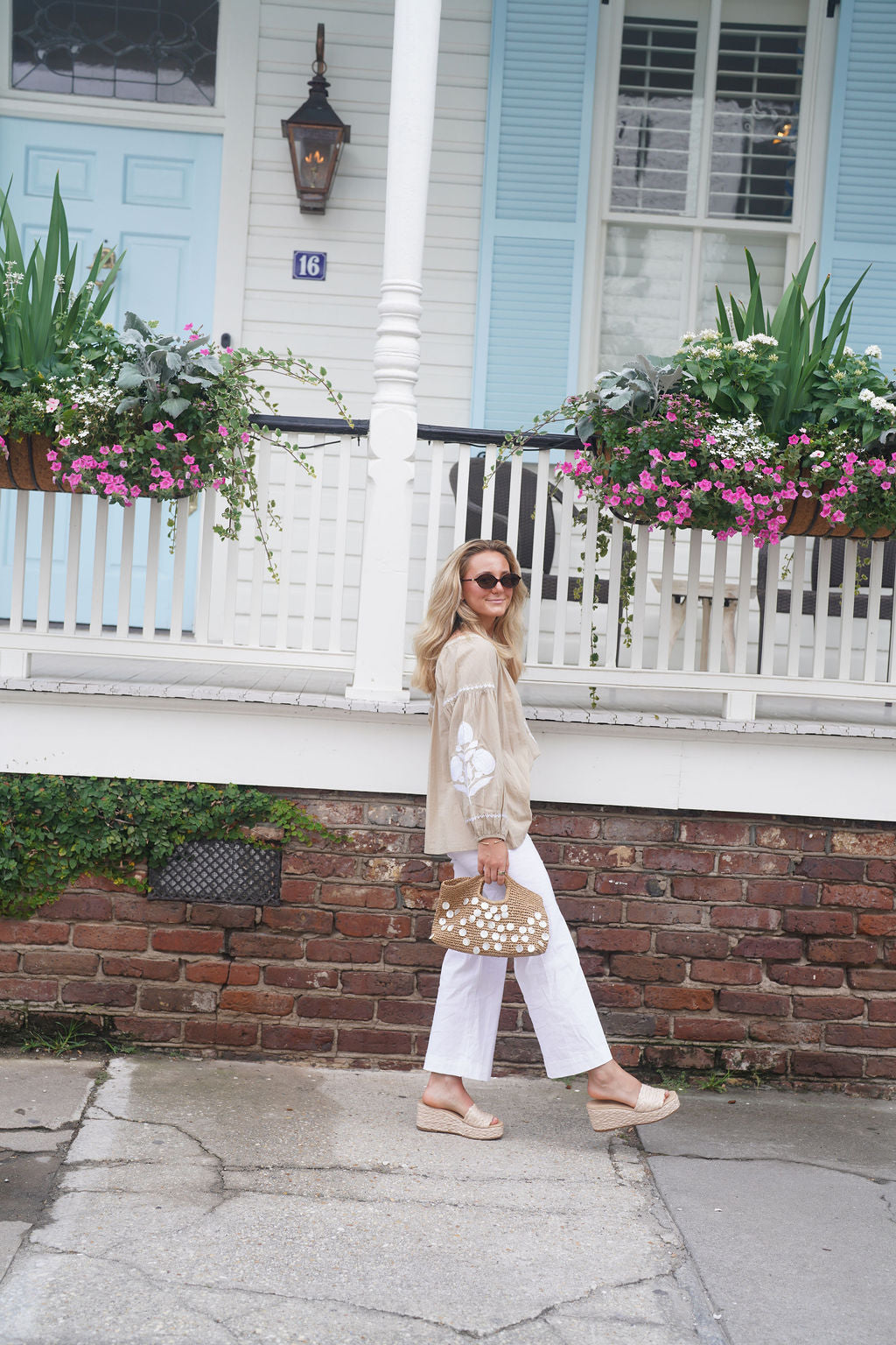 Sullivan Top Sand with White Embroidery