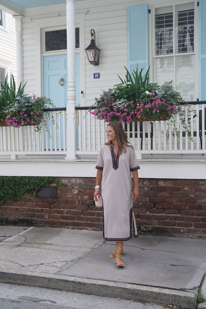 Linann Midi Dress Short Sleeve Brown Seersucker with Brown Trim