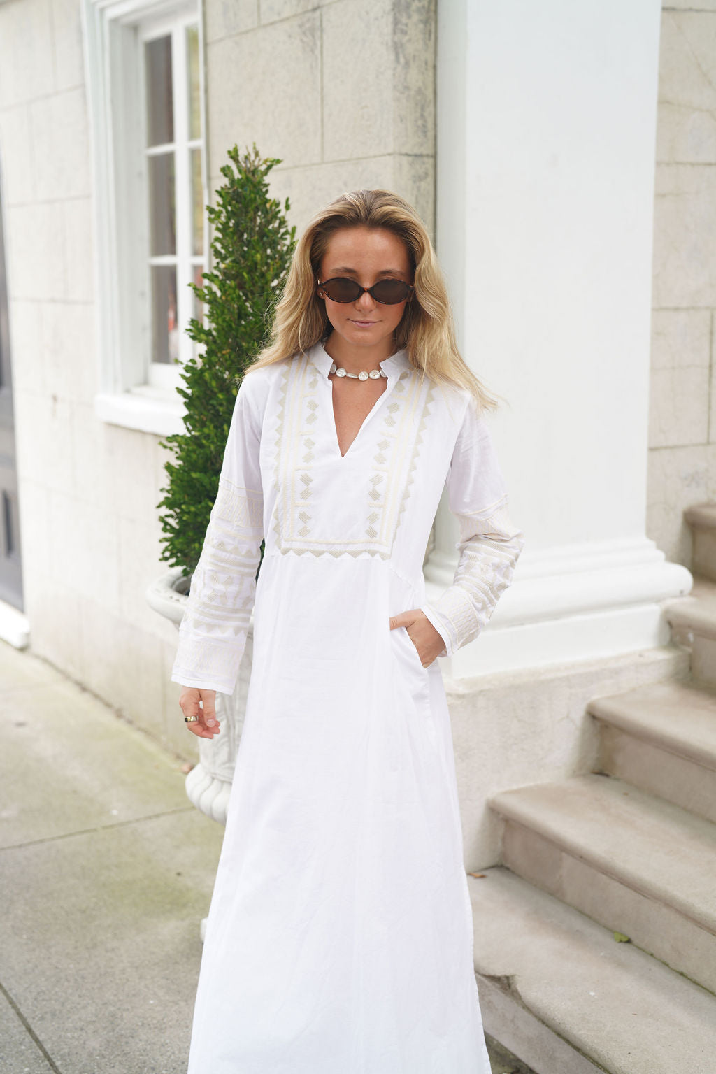 Eva Maxi Dress White with Sandstone Embroidery