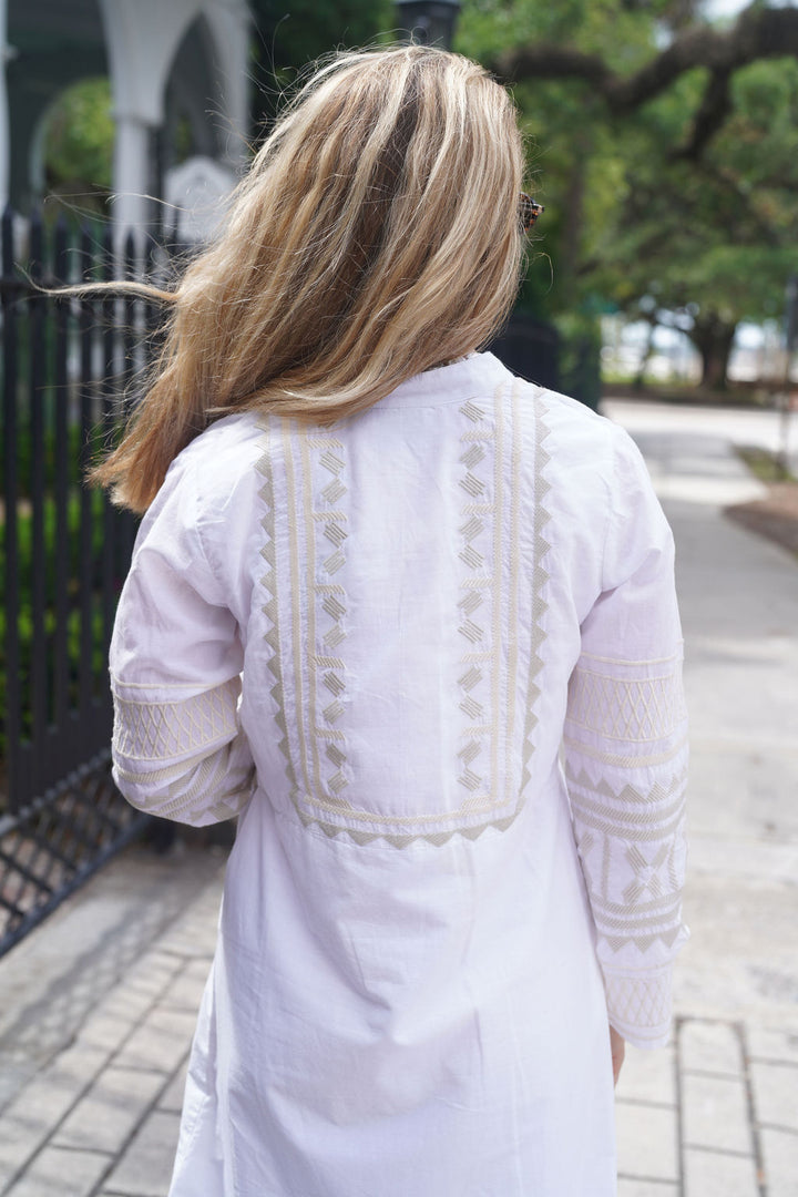 Eva Maxi Dress White with Sandstone Embroidery