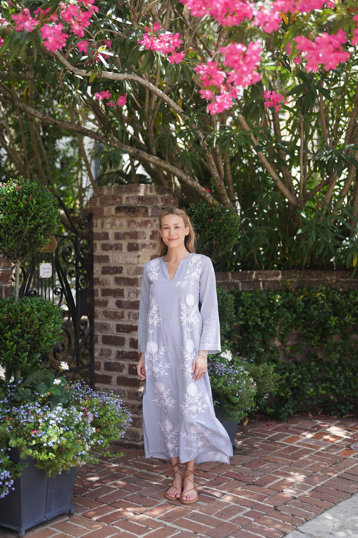 Molly Maxi Dress Cloud Blue Seersucker Vertical Embroidery