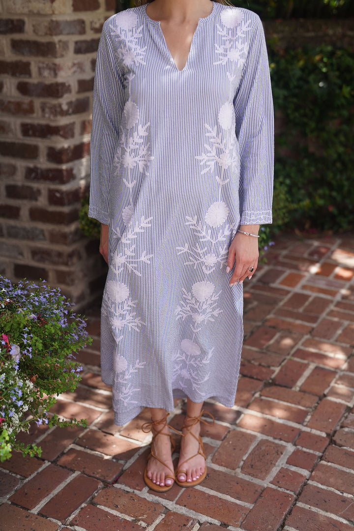 Molly Maxi Dress Cloud Blue Seersucker Vertical Embroidery