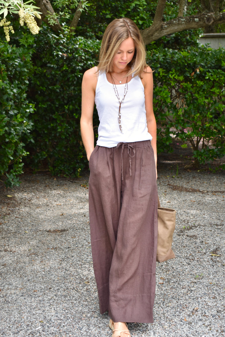 Linen Palazzo Pants Chocolate Brown