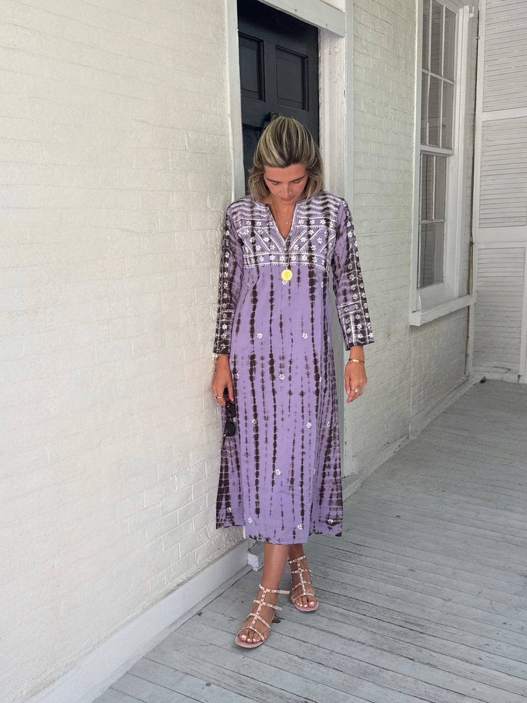 Molly Maxi Dress Hand Embroidered Lilac Tie Dye with White