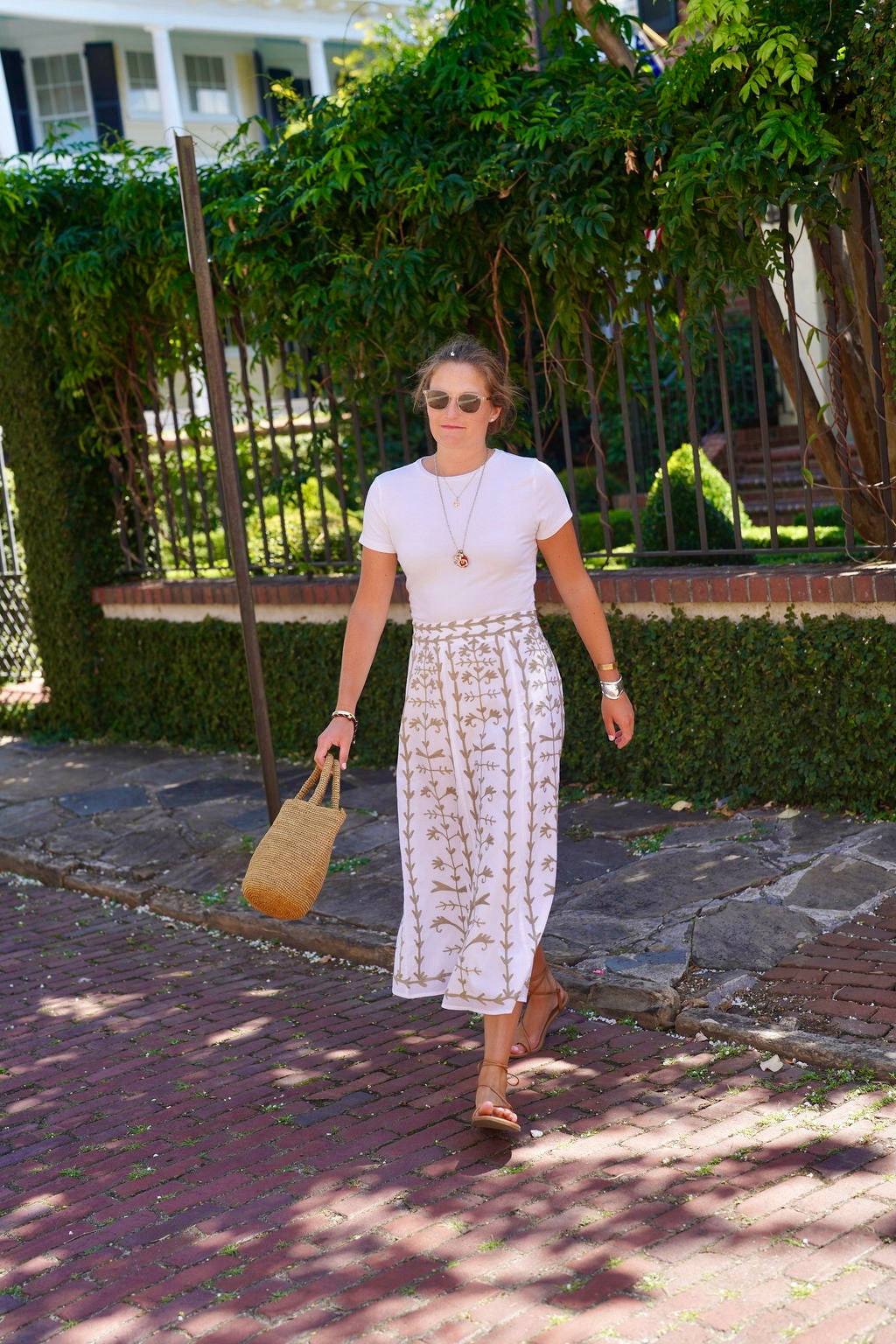 Hanley Midi Skirt White with Sage Embroidery