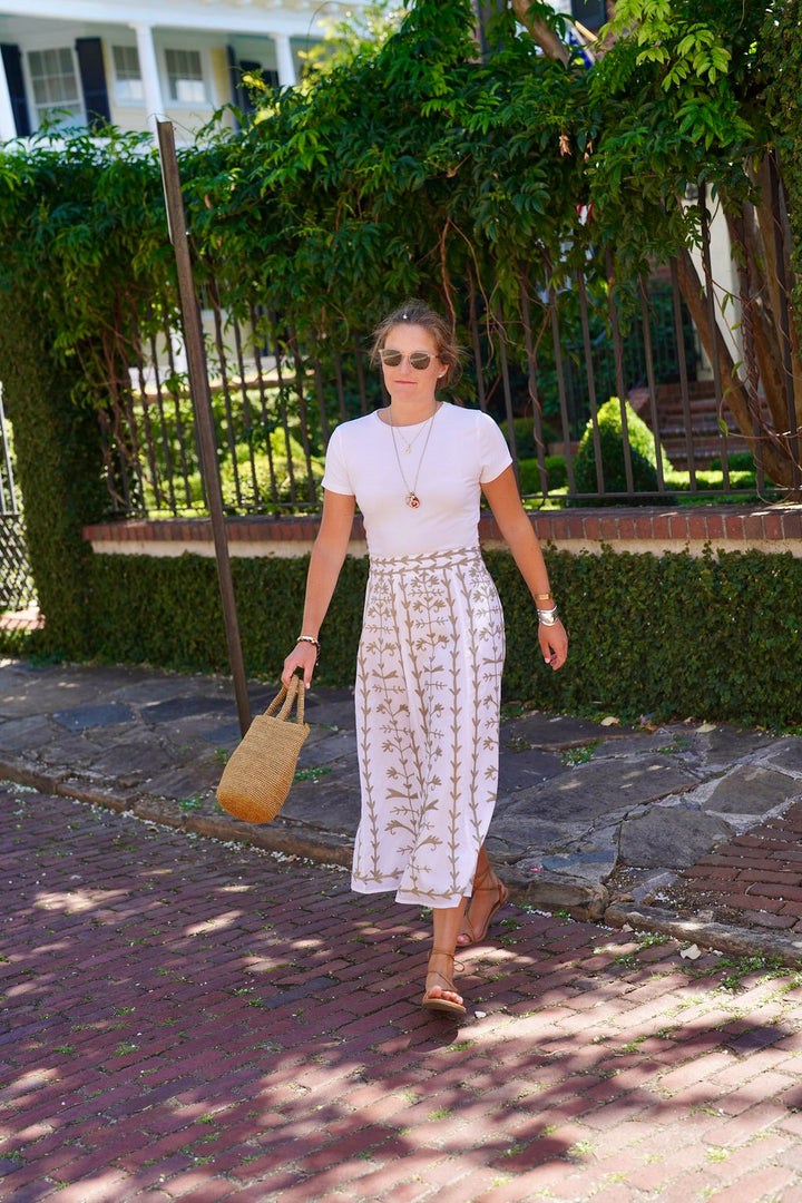 Hanley Midi Skirt White with Sage Embroidery