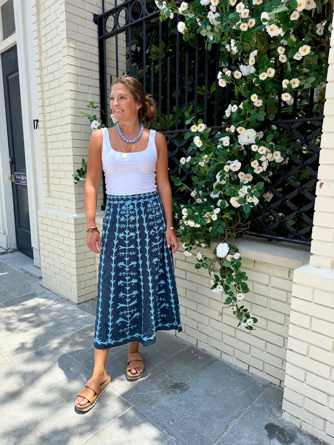 Hanley Midi Skirt Navy with Sky Blue Embroidery