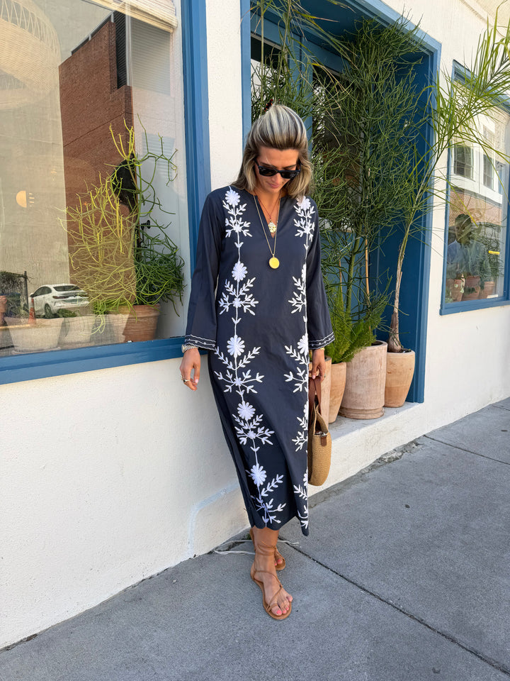 Molly Maxi Dress Navy with White Vertical Embroidery