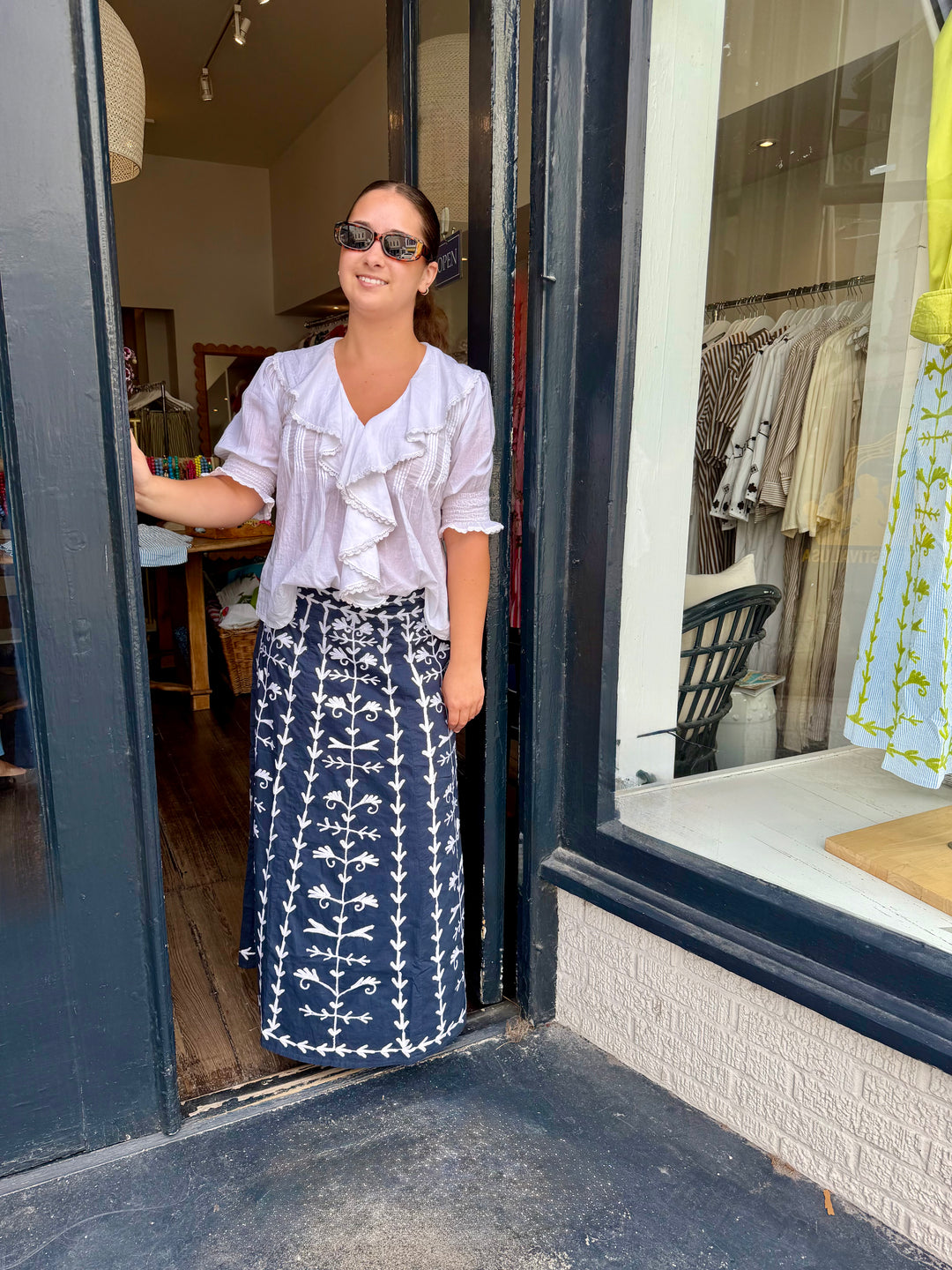 Hanley Midi Skirt Navy with White Embroidery