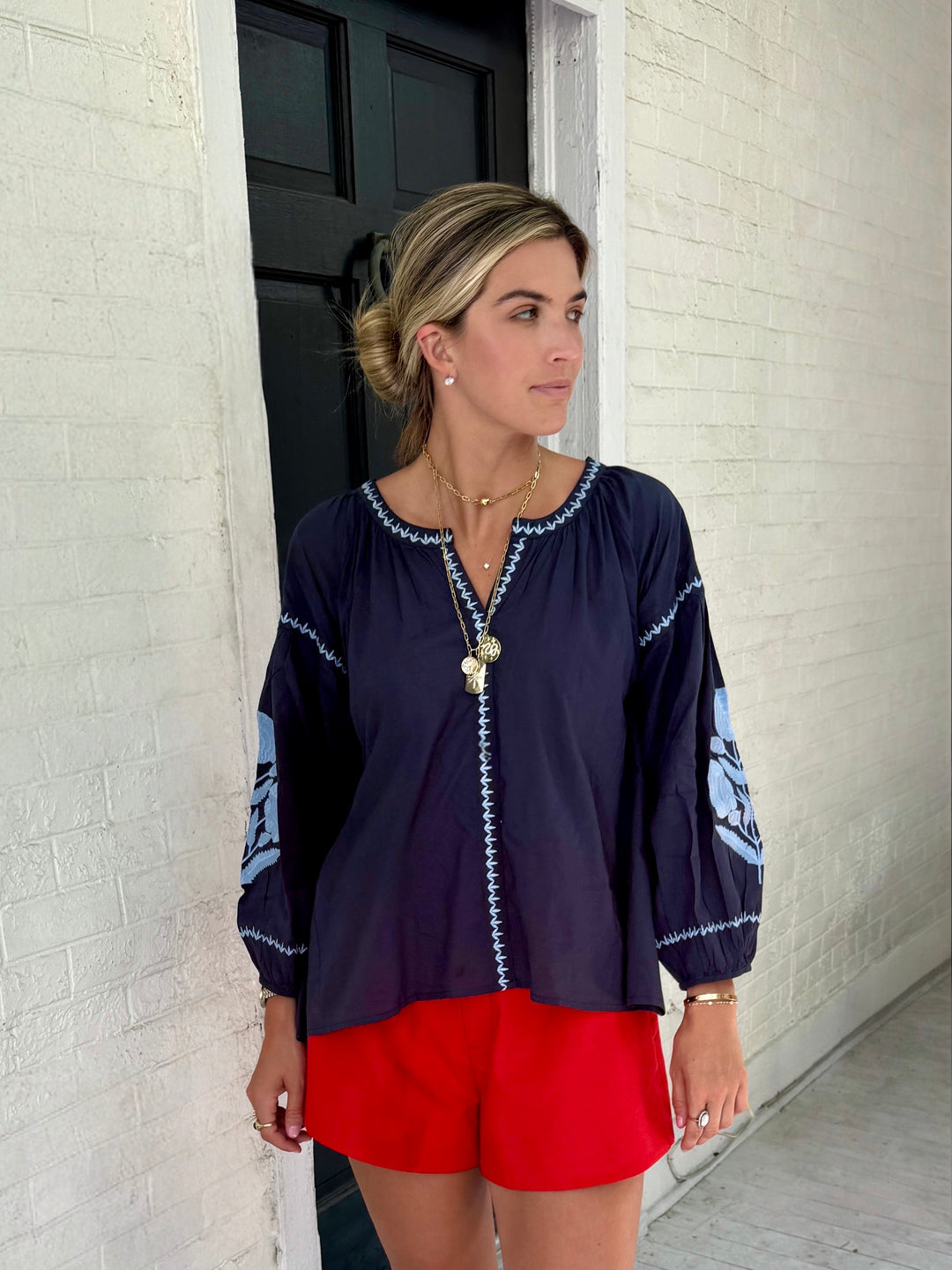 Sullivan Top Navy with Sky Blue Embroidery