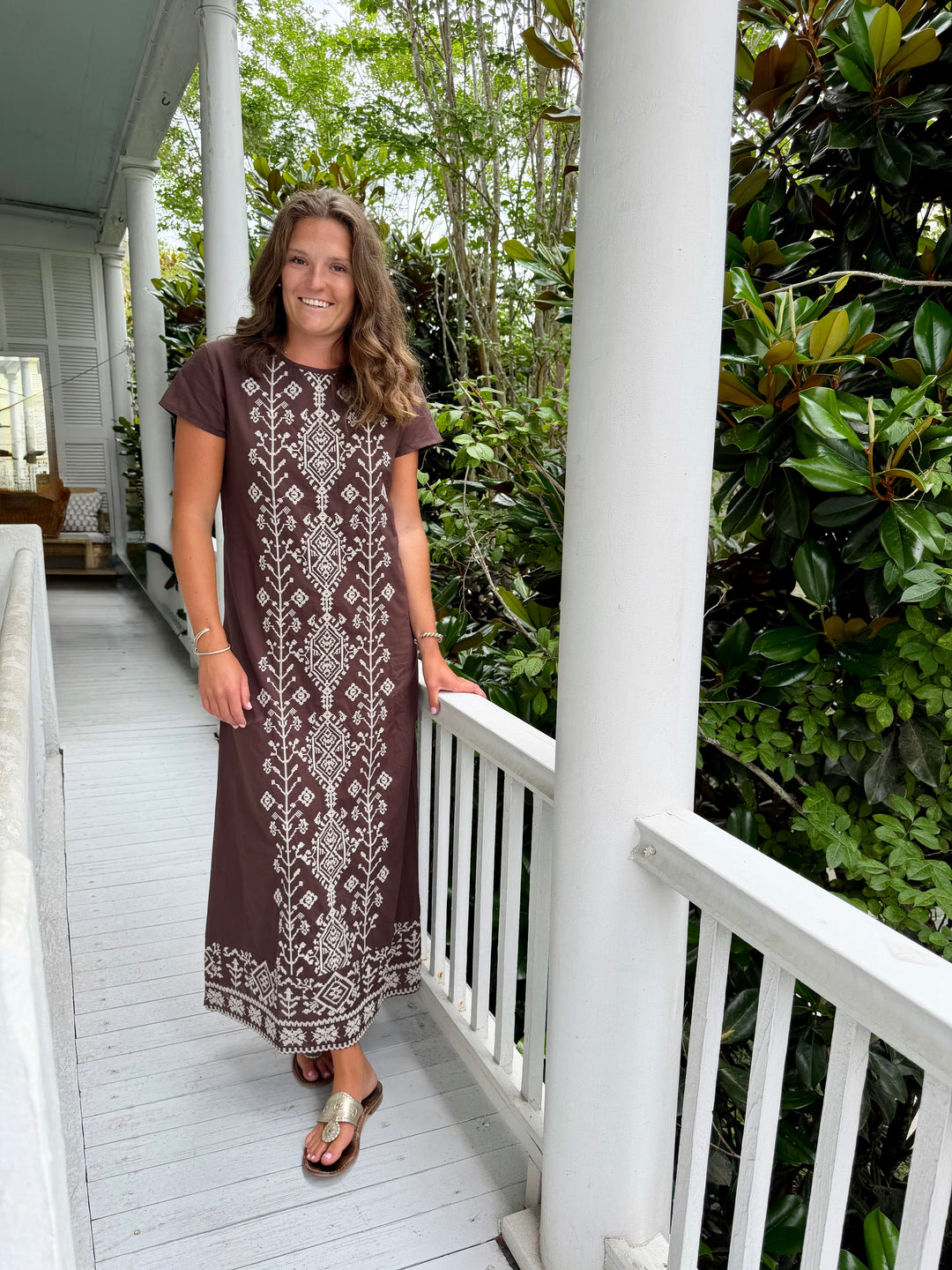 Anne Maxi Dress Brown with White Bohemian Cross-Stich Embroidery