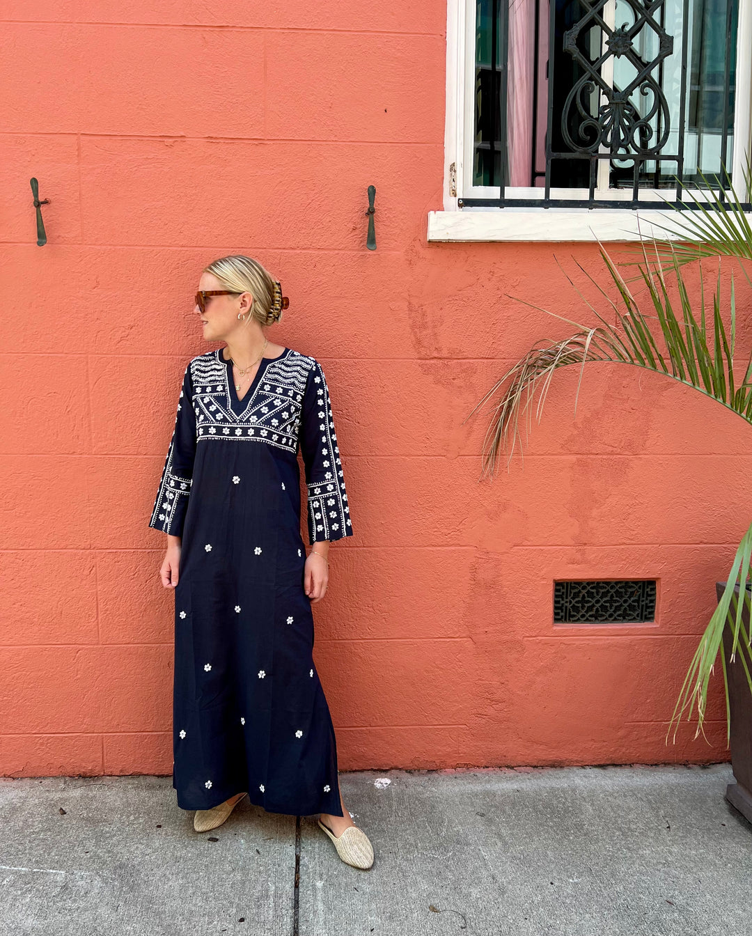 Molly Maxi Dress Hand Embroidered Navy with White