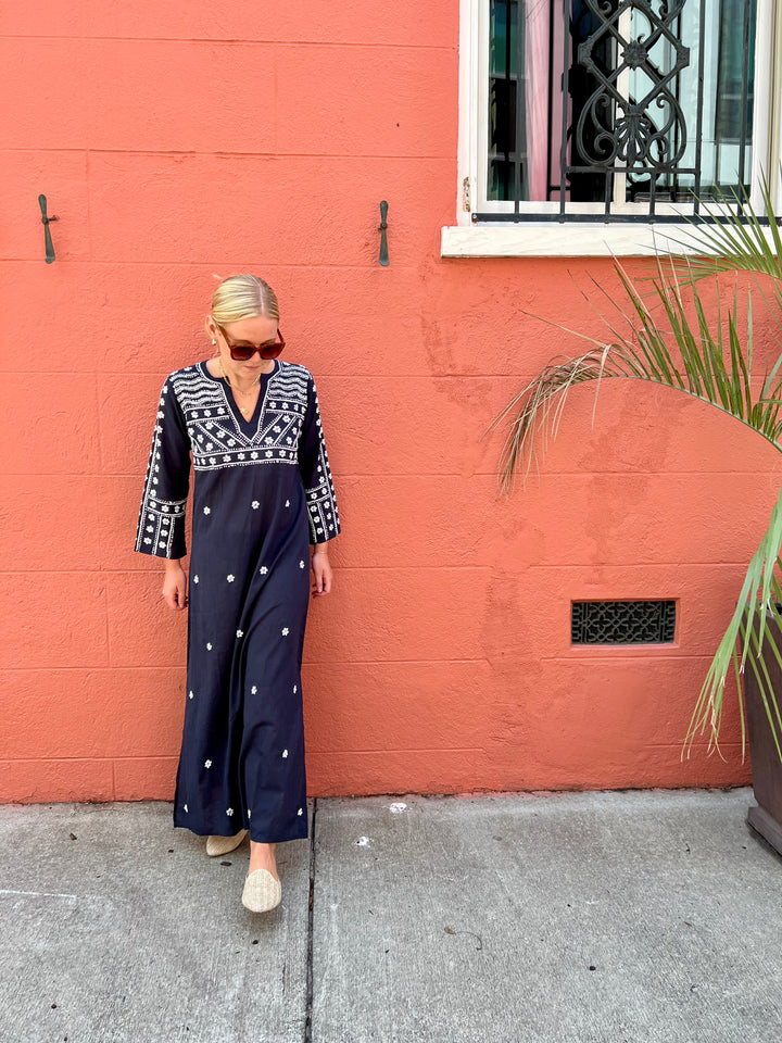 Molly Maxi Dress Hand Embroidered Navy with White