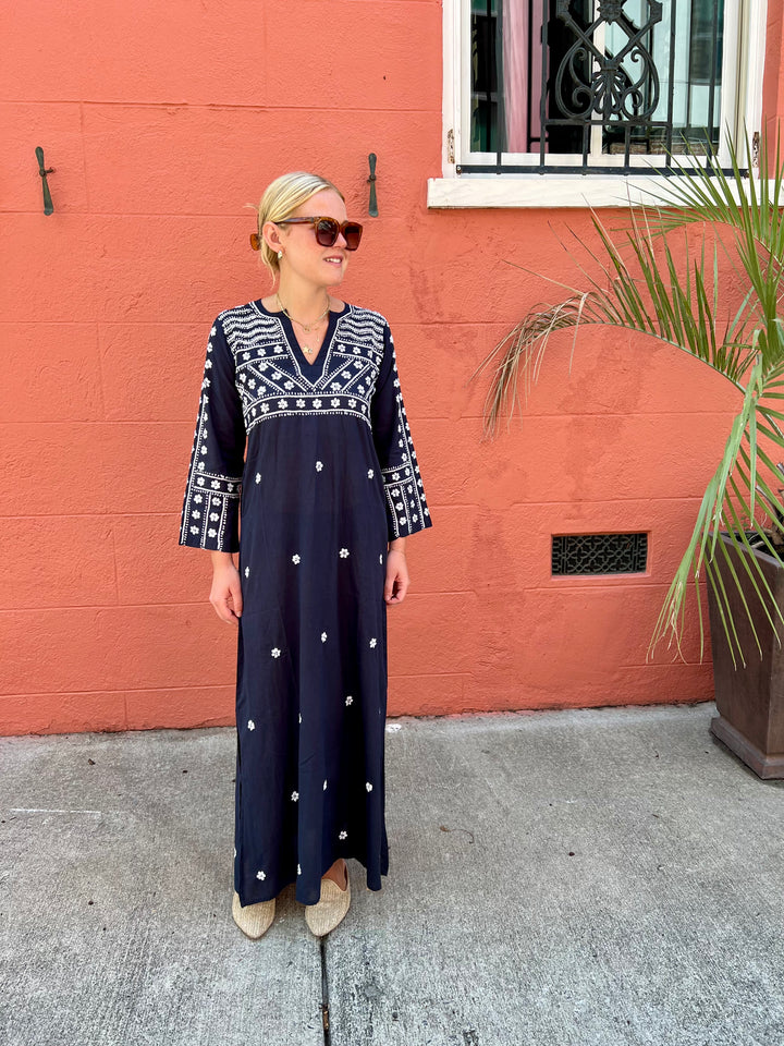 Molly Maxi Dress Hand Embroidered Navy with White