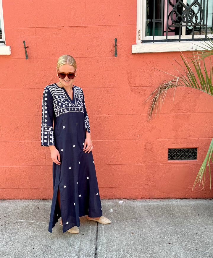Molly Maxi Dress Hand Embroidered Navy with White